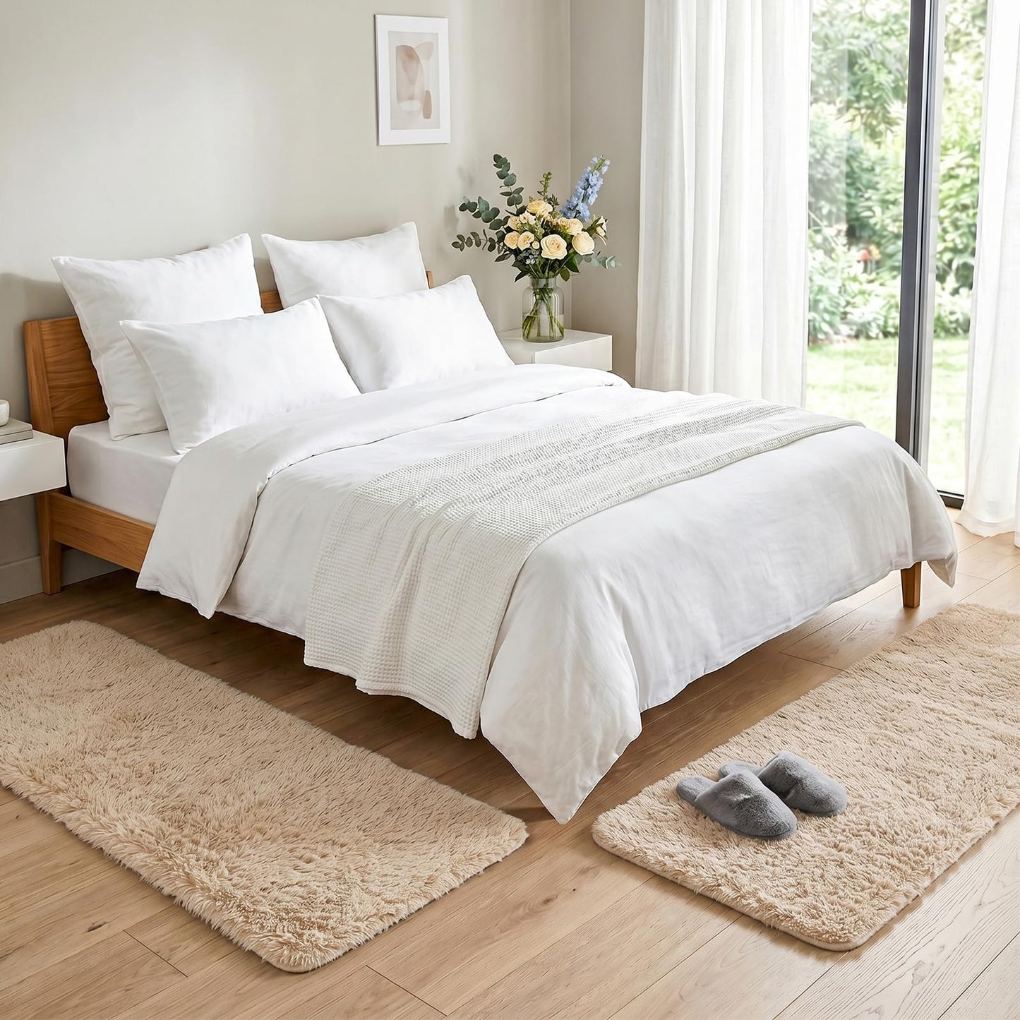 Runner Rugs for Bedroom Living Room, 2x6 Ultra Soft Plush Fluffy Bedside Rug, Long Shaggy Furry Bedroom Throw Rugs Floor Rug with High-Density Non-Slip Bottom for Dorm, Hallway, Ivory White, 2Pcs