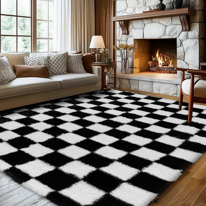 Ecoshag Soft Rugs for Living Room, 5x7 Ft Black and White Checkered Fluffy Shaggy Rugs for Indoor Use, High Pile Ultra Fuzzy Rug for Bedroom Kids Nursery Rooms,Home Decor Aesthetic