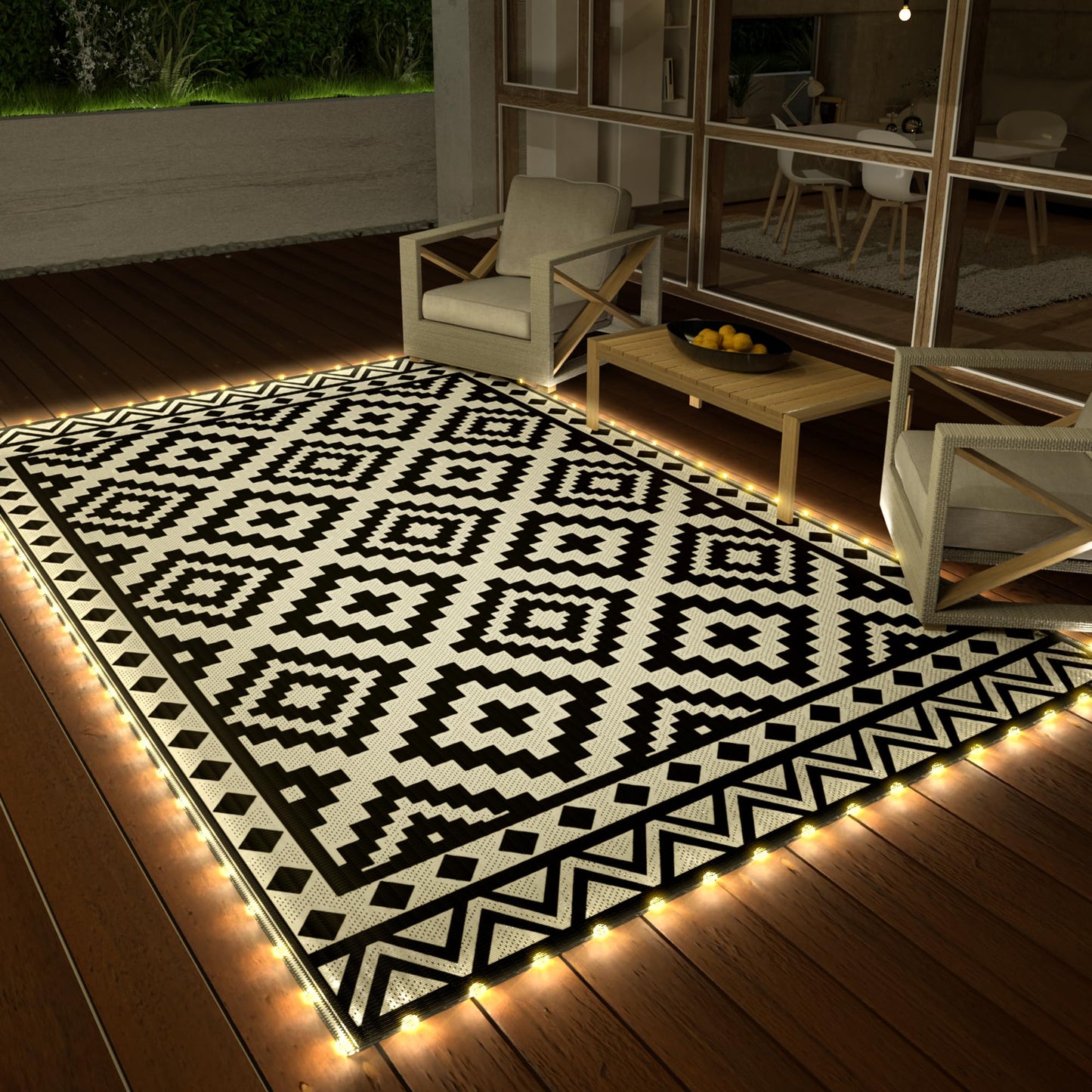 HAUSHOF 5'X8' Outdoor Rug Waterproof with LED Strip Light, Reversible Outdoor Plastic Straw Rug, Patio Rug with 4 Rug Stakes, Outdoor Carpet Mat for RV, Camping, Beach, Porch, Balcony, Black&White