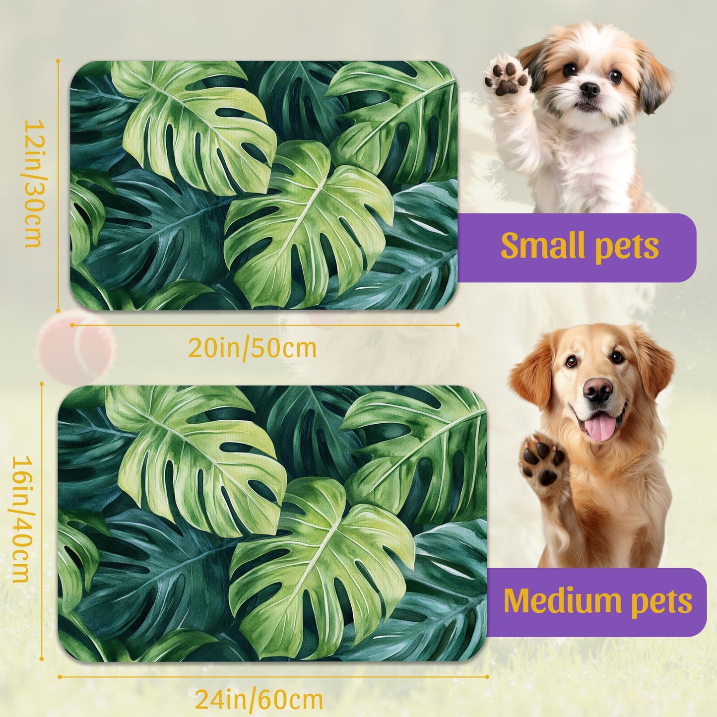 Tropical Palm Leaves Pet Feeding Mat, Absorbent Quick-Dry Dog Cat Bowl Mat, Non-Slip Bottom, Indoor Use – 16x24 Inch