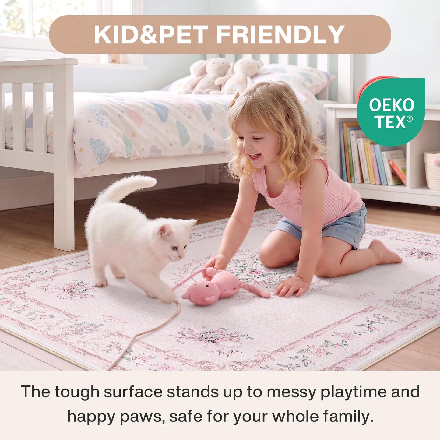 Tribesigns Floral Bow Pink 8 x 10 Area Rug for Girls Bedroom, Soft Washable Rose Medallion Nursery Living Room Rugs, Large Non-Slip Low Pile Boho Floral Carpet for Dorm Kids Playroom, Pink/8x10