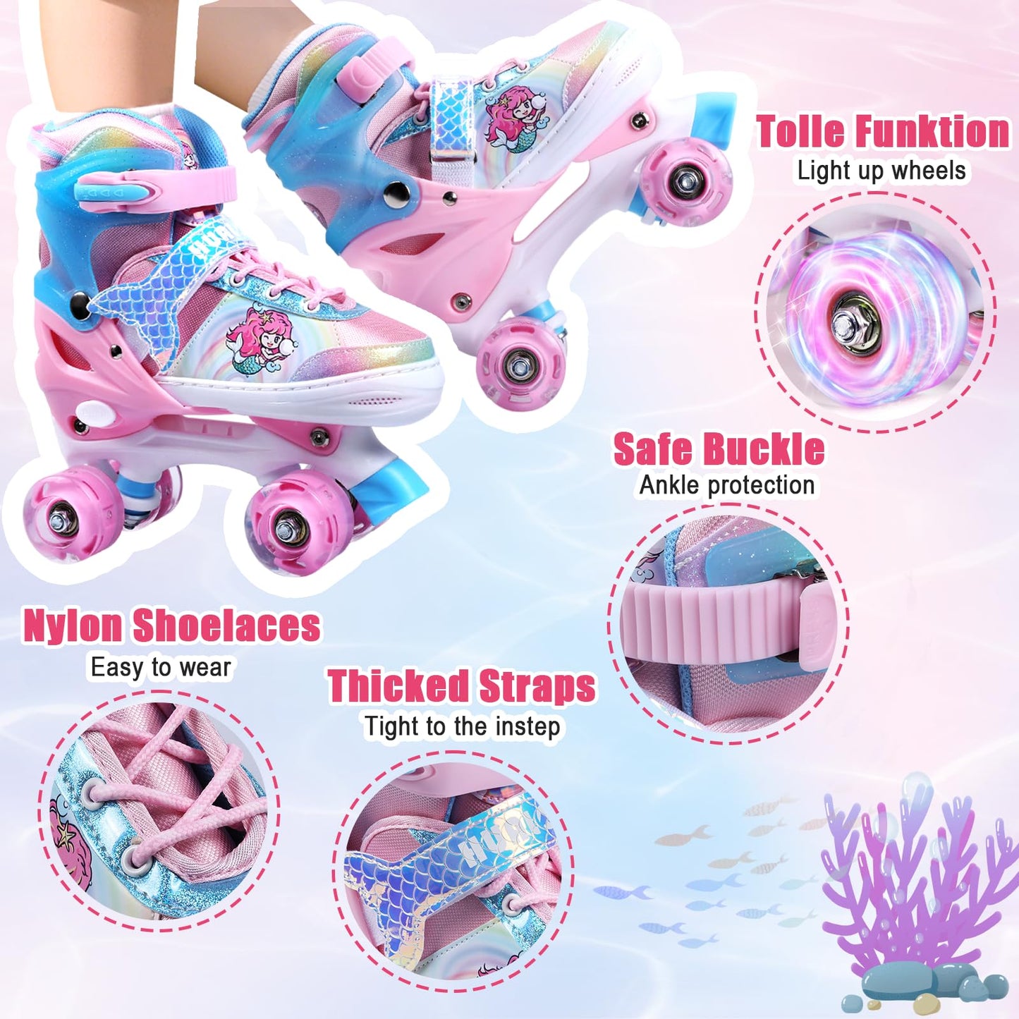 Hualonger Roller Skates,4 Size Adjustable Roller Skates Kids,Light-Up Wheels and Adorable Cartoon Designs, Multiple Layers of Protection for Girls and Boys,Suitable Indoor Outdoor