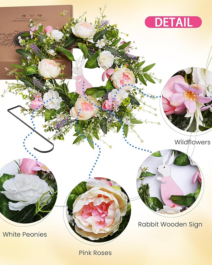 Spring Door Wreath for Front Door with Hook 20-22”, Artificial Spring Door Wreath with White & Pink Peony Lavender Rabbit Wood Sign, Summer Wreaths for Windows Wall Romantic Home Déco