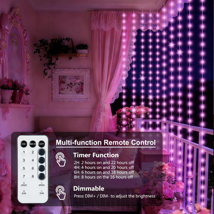 echosari Fairy Curtain Lights Battery Operated, 300 LED Indoor Curtain Lights 9.8 x 9.8Ft with Timer Hooks for Children' s Bedroom Wedding Backdrop Decor (Pink)