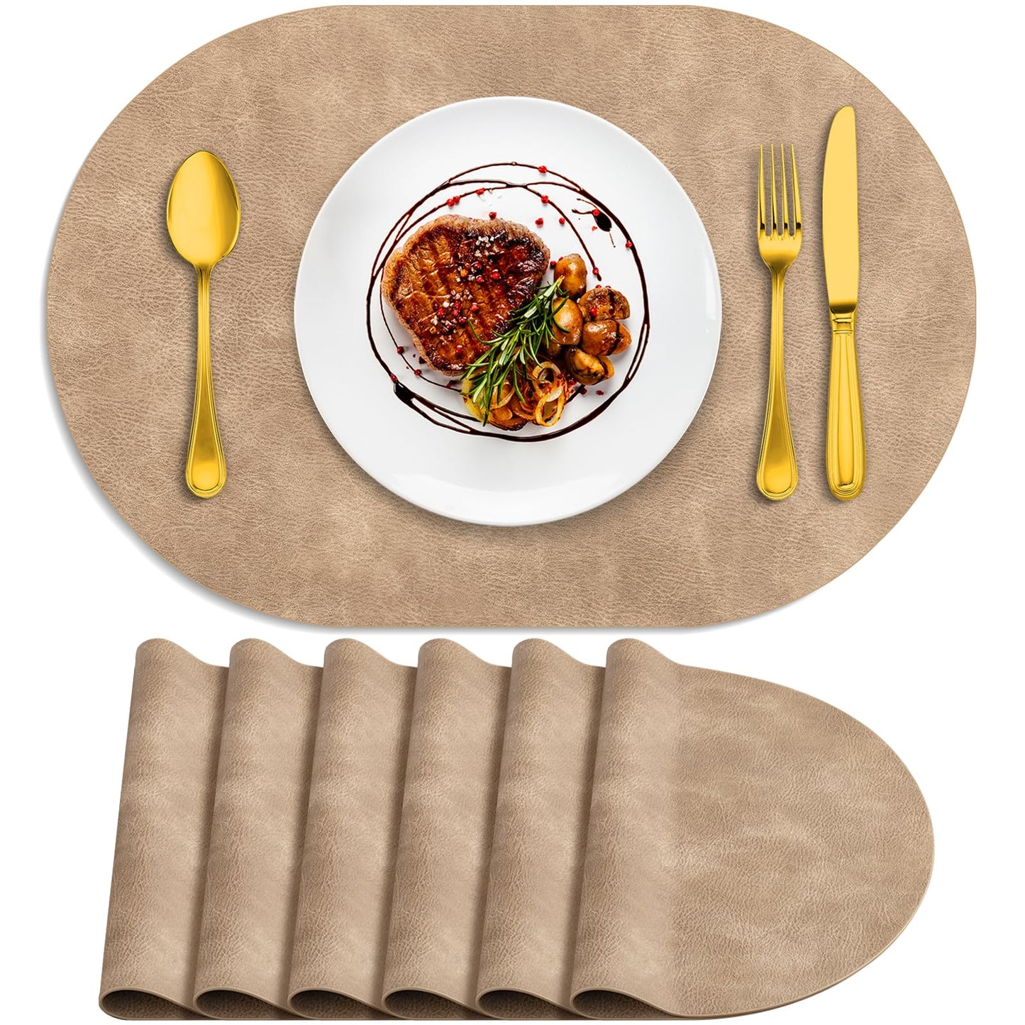 ADRIMER Placemats, Heat Resistant Oval Placemats Set of 6 Washable 12 x 17 Inch, Waterproof Table Placemats Set of 6, Wipeable Faux Leather Placemats for Kitchen, Dining Room, Apricot