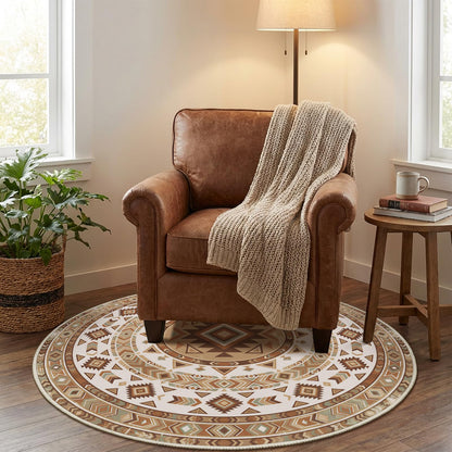 Doteon 3ft Southwestern Round Rug, Geometric Tribal Circle Carpet, Soft Faux Cashmere Non-Slip Rug for Bedroom and Entryway