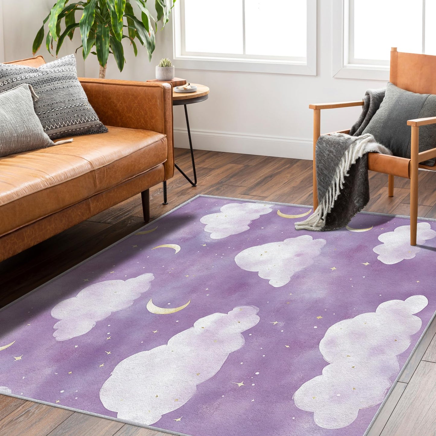 Vzdrahelia Purple Cloud Rug 3x4,Moon Star Area Rug Washable,Kids Girls Rugs for Living Room, Bedroom,Cloud Pattern Carpet Home Decor, Non Slip