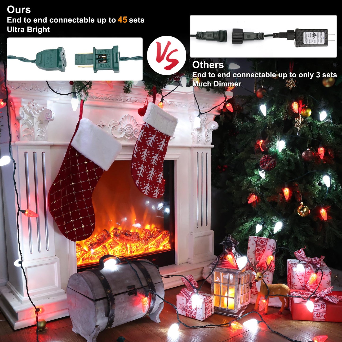 Brizled 100 LED C9 Red & White Christmas Lights, 66FT Faceted Christmas Lights, Connectable Outdoor Indoor Strawberry Light String, 120V UL Certified for Valentine's Day Party Xmas Tree House Garden