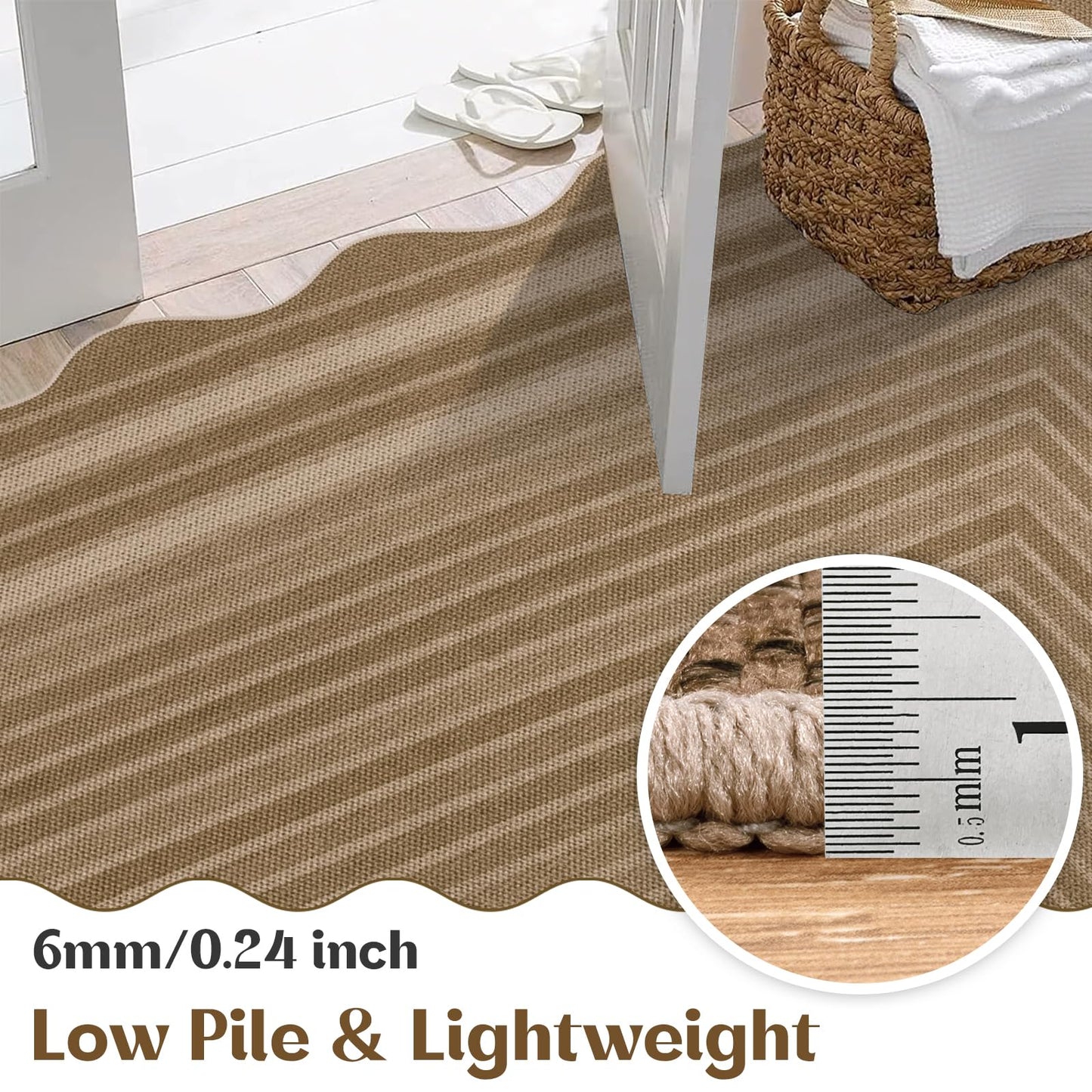Yamaziot Washable Indoor Outdoor Rug 8x10, Scalloped Geometry Faux Tan Jute Outdoor Carpet Non Slip Modern Woven Textured Patio Rug for Backyard Balcony Deck, White