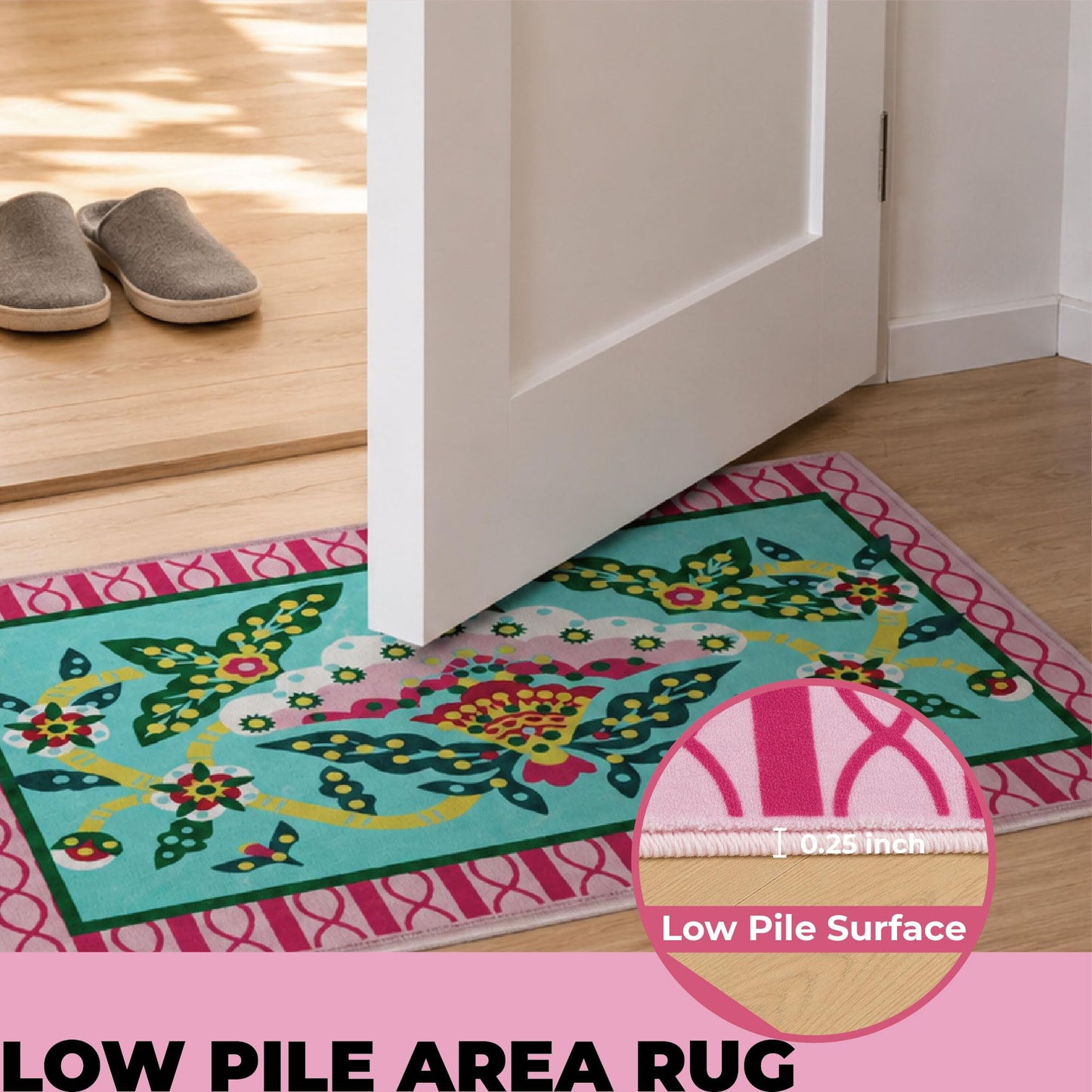 Jianhua Goddess 2x3 Entry Rug, Pink Peony Floral Pattern Series Inspired by Ku Shulan Paper-Cut, Machine Washable Indoor Floral Folk Art Accent Rug with Non-Slip Backing for Entryway, Bedside, Studio