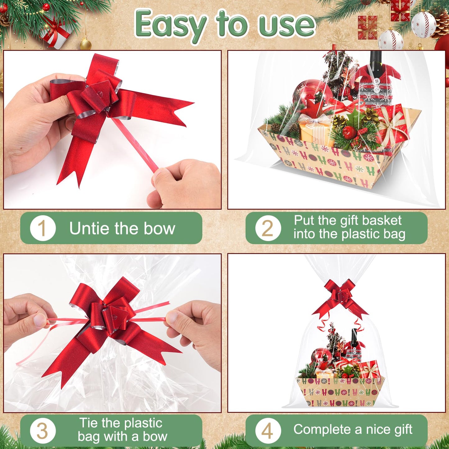 Pascliyna 12 Set Christmas Gift Baskets Empty 10x7 Inch, Kraft Paper Christmas Gifts Baskets with Cellophane Bags and Red Pull Bows, Reusable Gift Wrapping for Xmas Holiday Winter Party Supplies