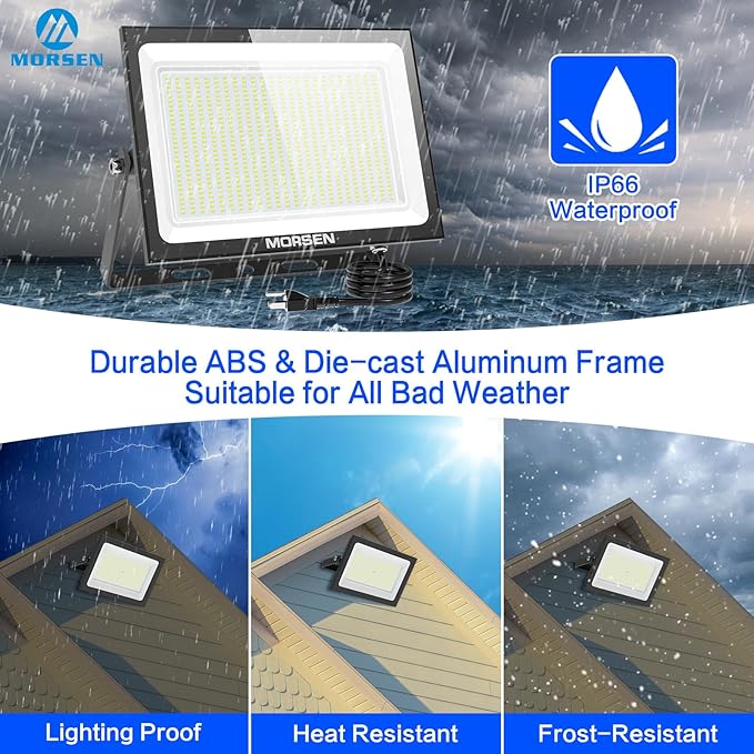 MORSEN 500W Flood Lights Outdoor, 60000lm Bright LED Work Light with Plug, 6500K Daylight White LED Flood Lighting, IP66 Waterproof Security Yard Lights for Yard Garage Stadium 2 Pack