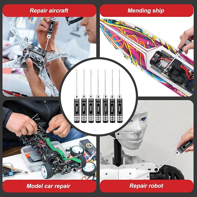 Hex Screwdriver Set - 7pcs Hex Allen Drive Kit 0.9mm 1.27mm 1.3mm 1.5mm 2.0mm 2.5mm 3.0mm Key Repair Tools for Traxxas Arrma Losi Redcat RC Cars Models FPV Drone Helicopter