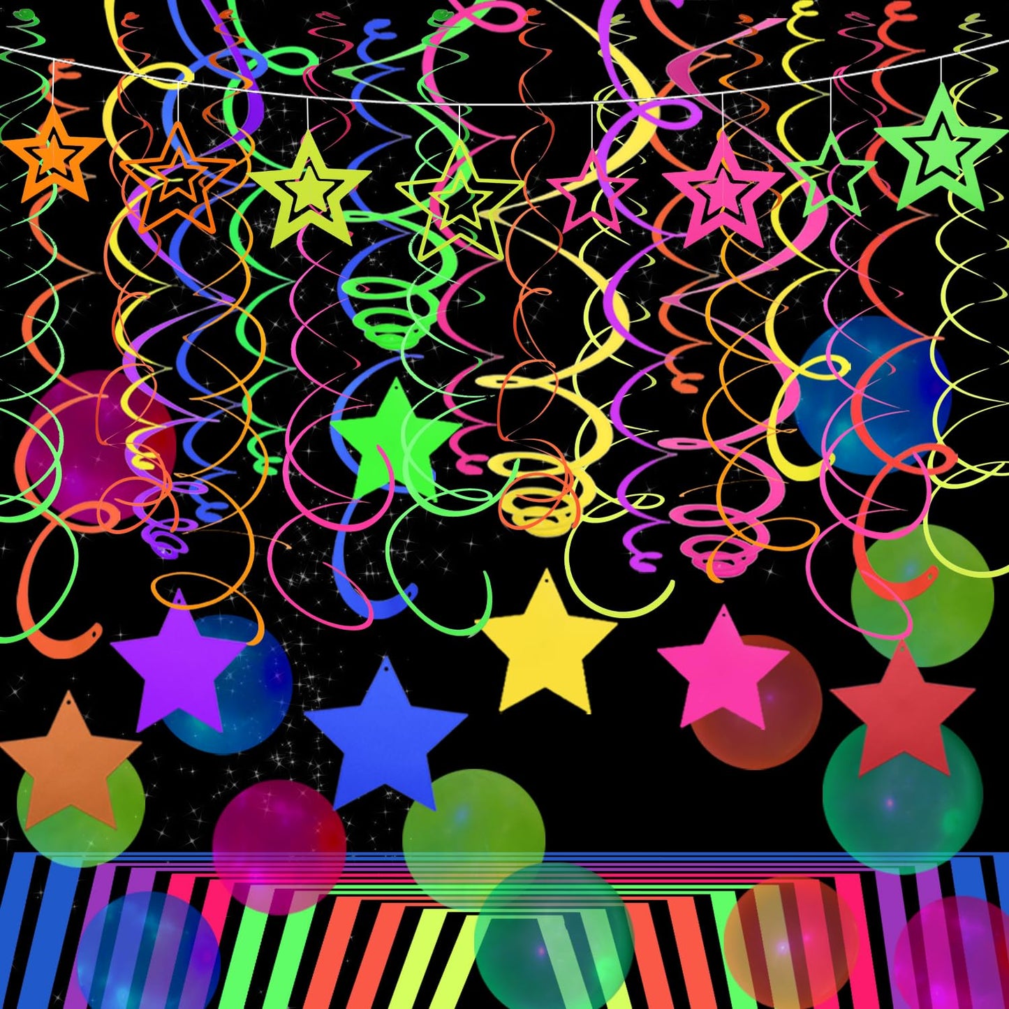 52 PCS UV Neon Rainbow Ceiling Swirl Decoration Hanging Streamer for Ceiling Neon Garlands Black Light Neon Decorations for Dark Glow Party Supplies and Decorations Birthday Party Favors