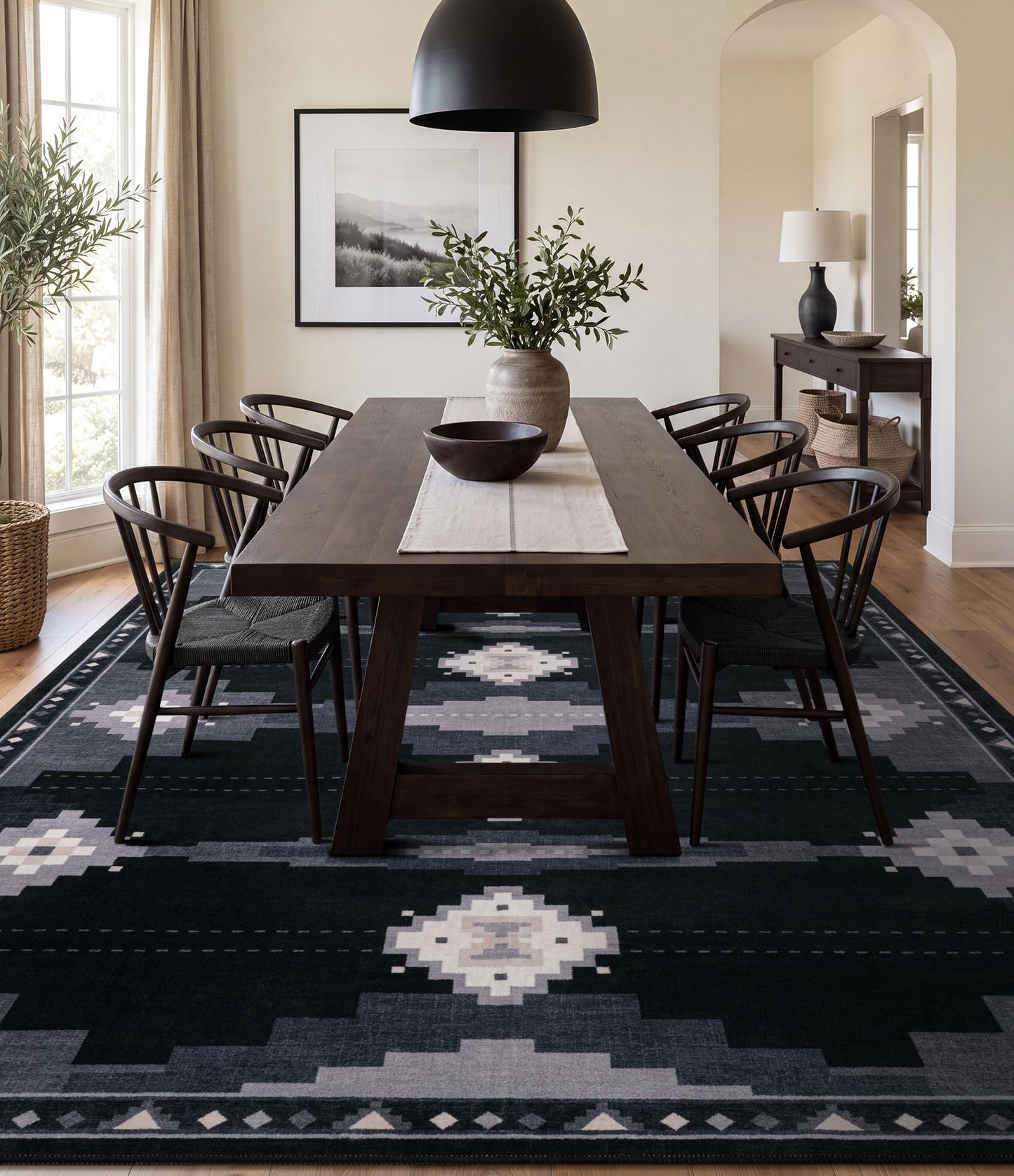 5'x7' Washable Area Rug for Living Room, Black and Grey Western Aztec Rug