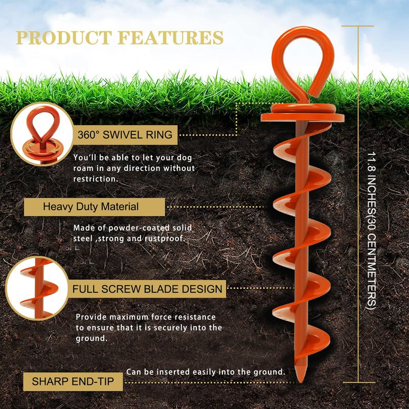 Eurmax USA Heavy Duty Dog Tie Out Stake, No-Tangle In Ground Anchor Runner for Large Dogs up to 210 Lbs - Perfect for Yard, Beach and Camping (Medium,Orange)