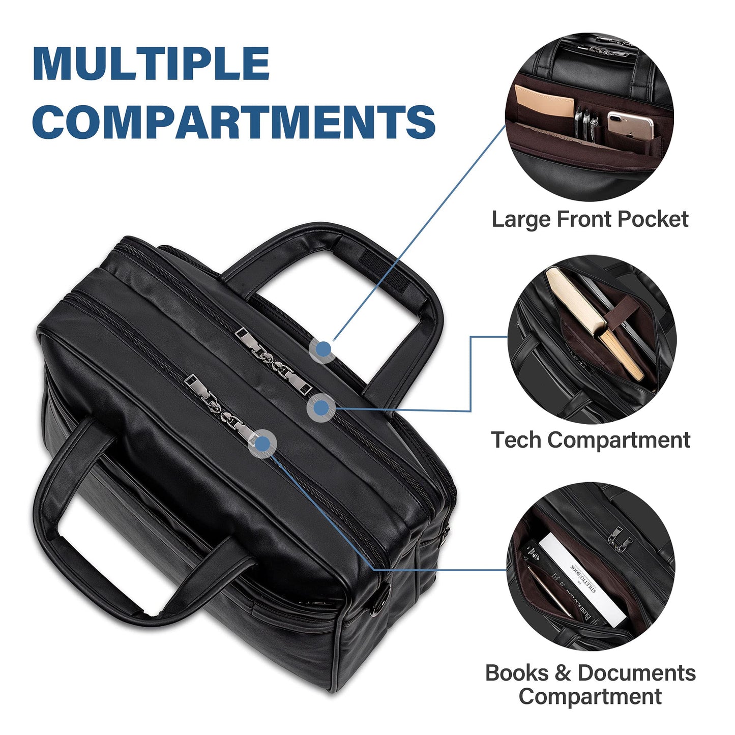 Leather Laptop Bag, Men's 15.6 Inches Messenger Briefcase Business Satchel Computer Handbag Shoulder Bag Fits 15.6 Inch Laptop Black