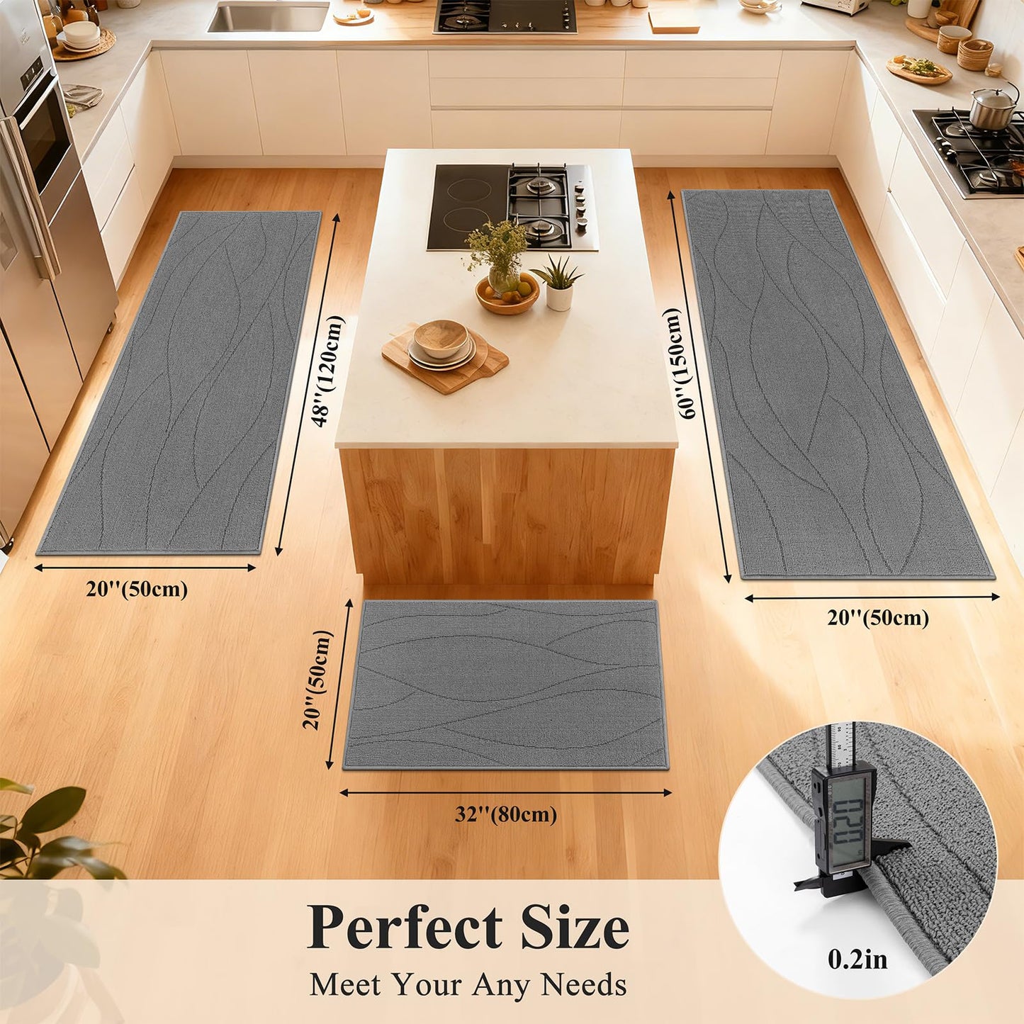 Bsmathom Kitchen Rugs Sets of 3, Non Slip Kitchen Runner, Machine Washable Non Skid Kitchen Rug, Kitchen Floor Mat for Hallway Entryway Laundry Room, Light Gray