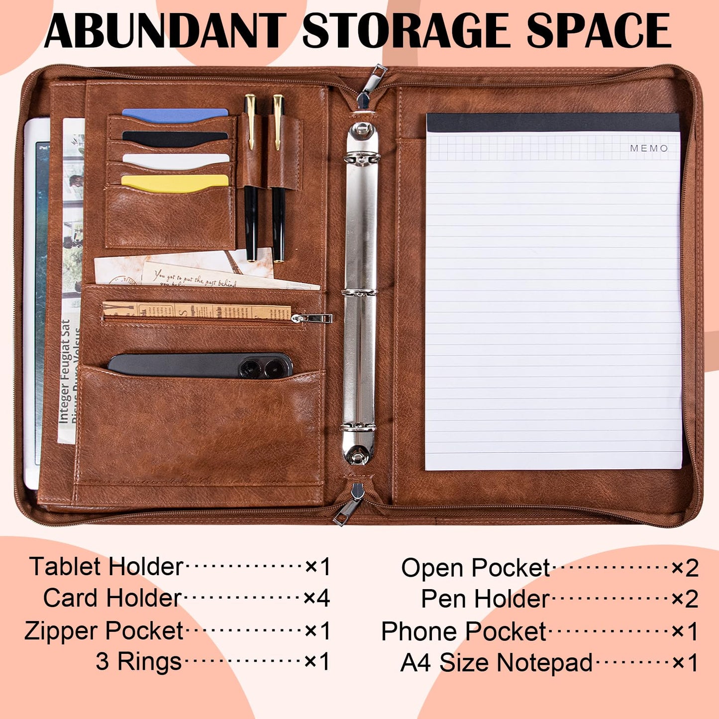 Calfinder 3 Ring Portfolio Binder with Zipper,Leather Portfolio for Men,Padfolio for Women,Professional Business Portfolio Organizer for Resume/Interview, A4 Letter Document Organizer
