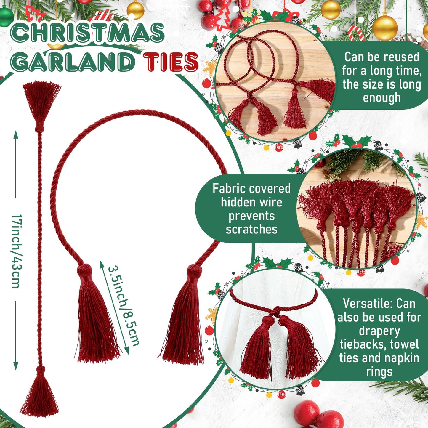 Zhengmy 15 Pcs 24 Inch Christmas Garland Ties with Tassels Decorative Twist Tie for Banister Reusable Flexible Twist Tie for Garland Fireplace Staircase Banister Home Xmas Holiday Decorations (Red)