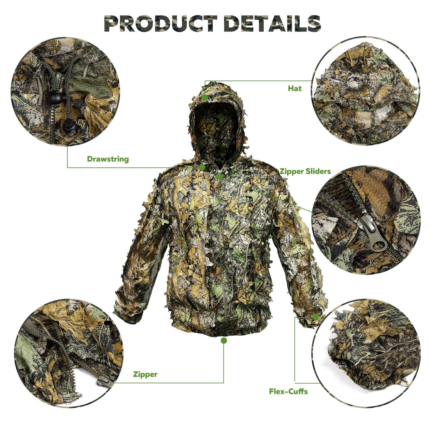 Ghillie Suit Outdoor Leafy Suit for Hunting Super Lightweight Hooded Camouflage Including Clothes Gloves Face Mask and Bag