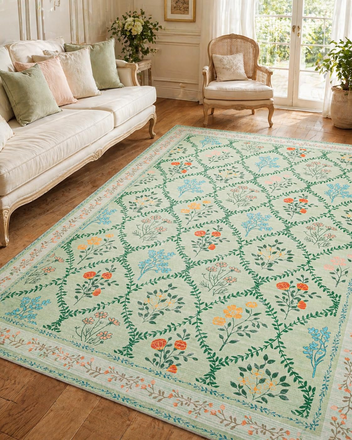 YIHOUSE Green Floral 5x7 Area Rugs for Bedroom Girls, Washable Rug for Living Room Non Slip Ultra-Thin, Large Boho Carpet for Kids Playroom, Classroom, Dorm, Nursery, Green Multi