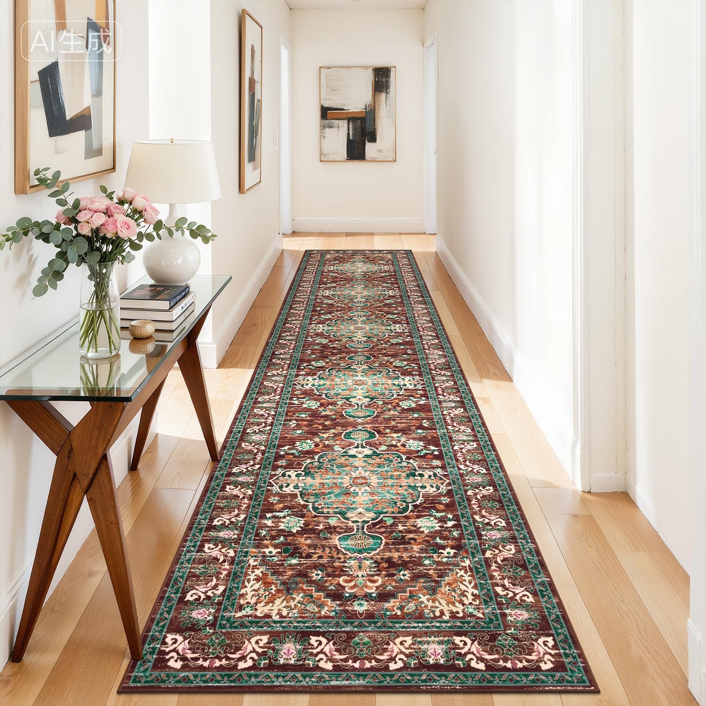 U'Artlines 3' x 14' Boho Hallway Runner Rug, Rust Non Slip Washable Vintage Farmhouse Accent Rug Carpet for Kitchen Entryway Laundry and Living Room (Rust＆Teal)