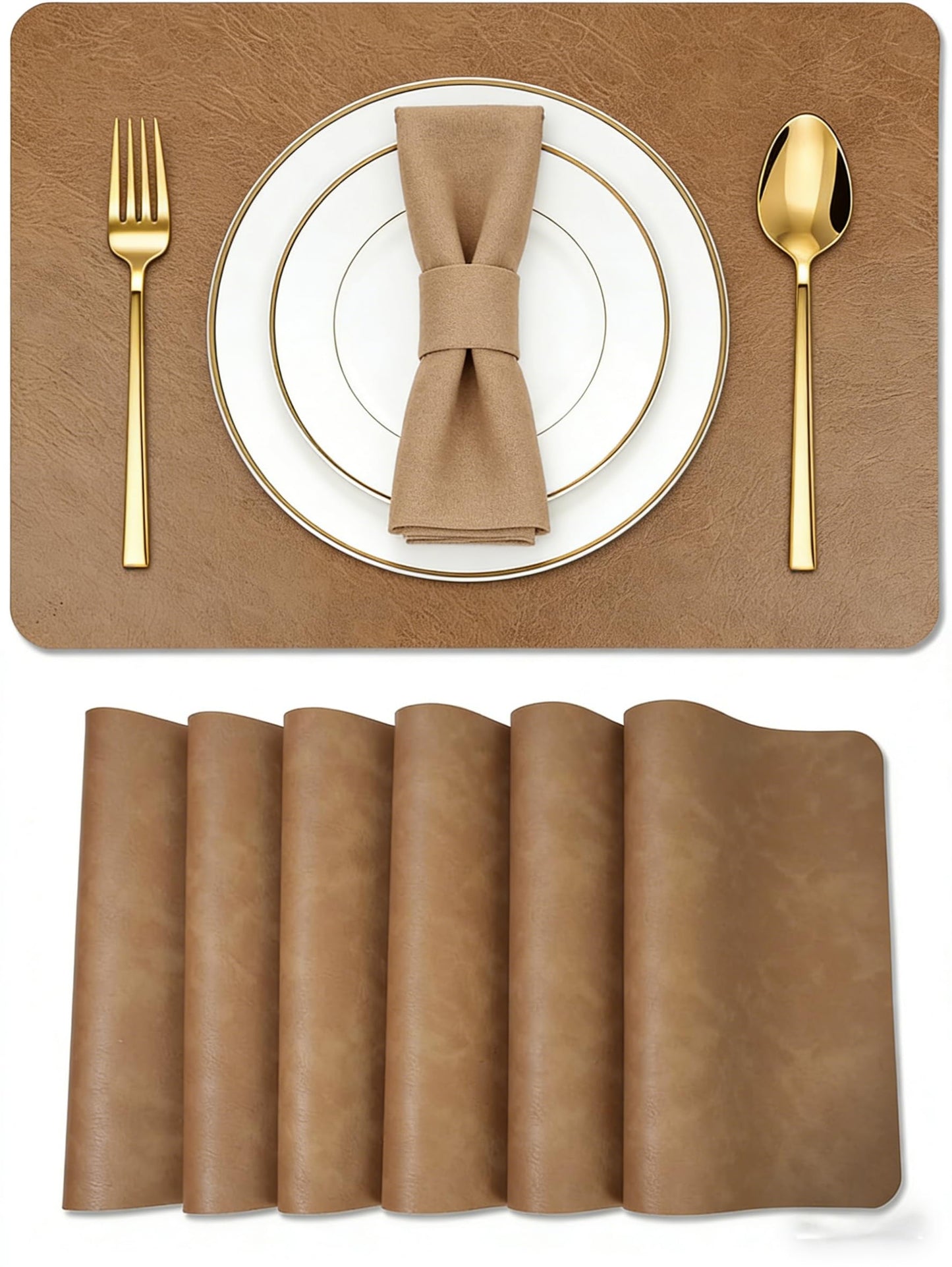 Faux Leather Placemats Set of 6, 18×12 Inch Waterproof Wipeable PU Place Mats Heat Resistant Anti Slip Dining Table Place Mats for Kitchen Dining Indoor & Outdoor Use (Light Brown)