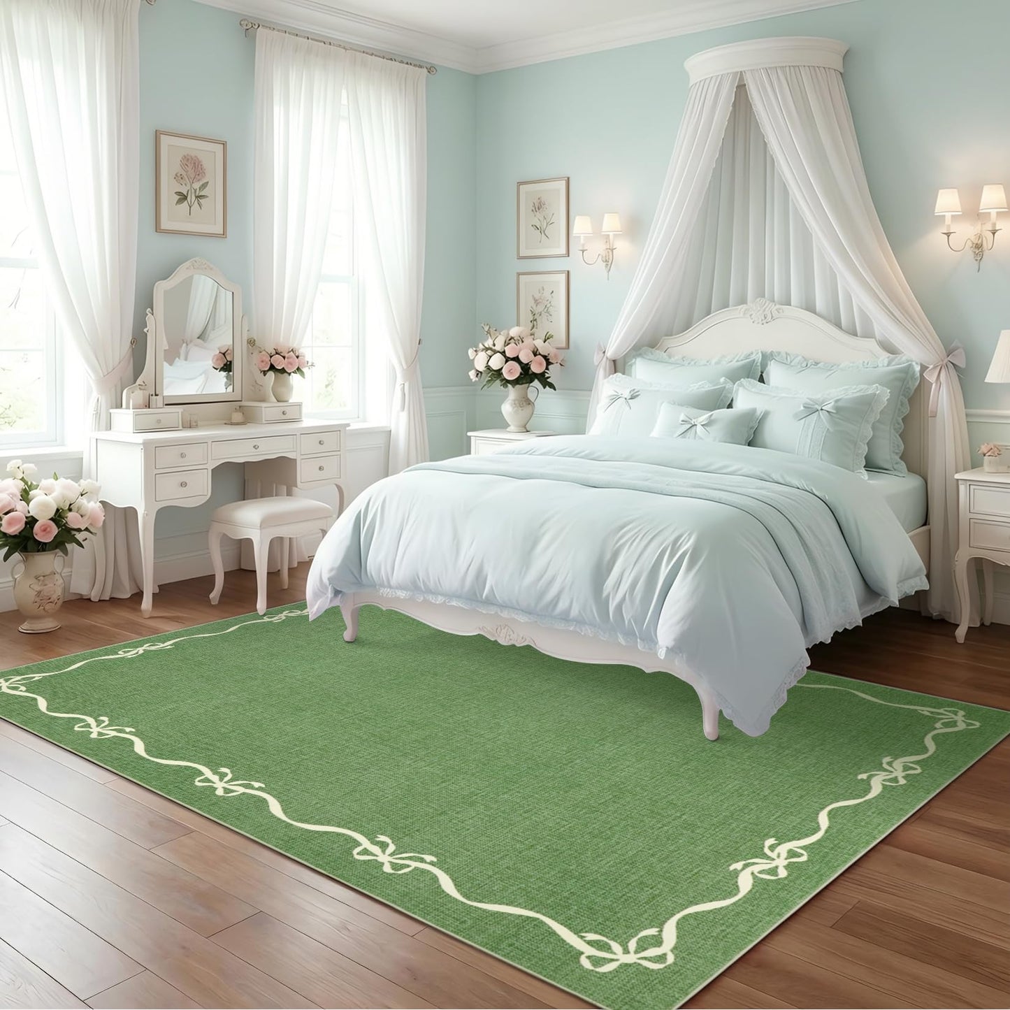 Garvee Solid Green Rug for Bedroom Girls, 4x6 Bow Area Rugs for Living Room with Soft Low Pile, Non Slip Coquette Washable Rug 4x6 for Nursery Kids Playroom Dining Room College Dorm Carpet