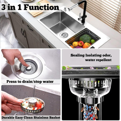 Upgraded 3 in 1 Kitchen Sink Drain Strainer Stopper, Brushed Stainless Steel SUS 304 Pop Up Sink Drain Stopper for Standard 3-1/2 Inch Drain Anti-Clogging Odor Prevention