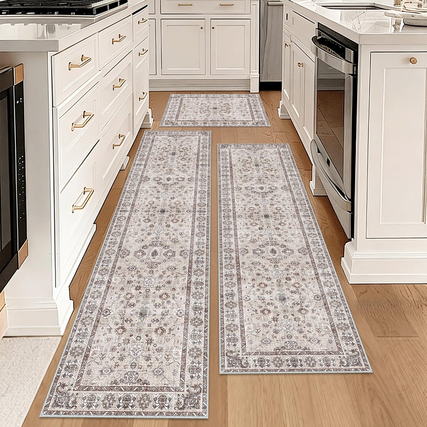 Washable 3x3 Square Rug for Entry Bathroom Kitchen Bedroom Carpet - Non Slip Stain Resistant Low Pile Soft Door mat - Protect Hardwood and Laminate Flooring Floral Farmhouse Decor 3x3 Beige