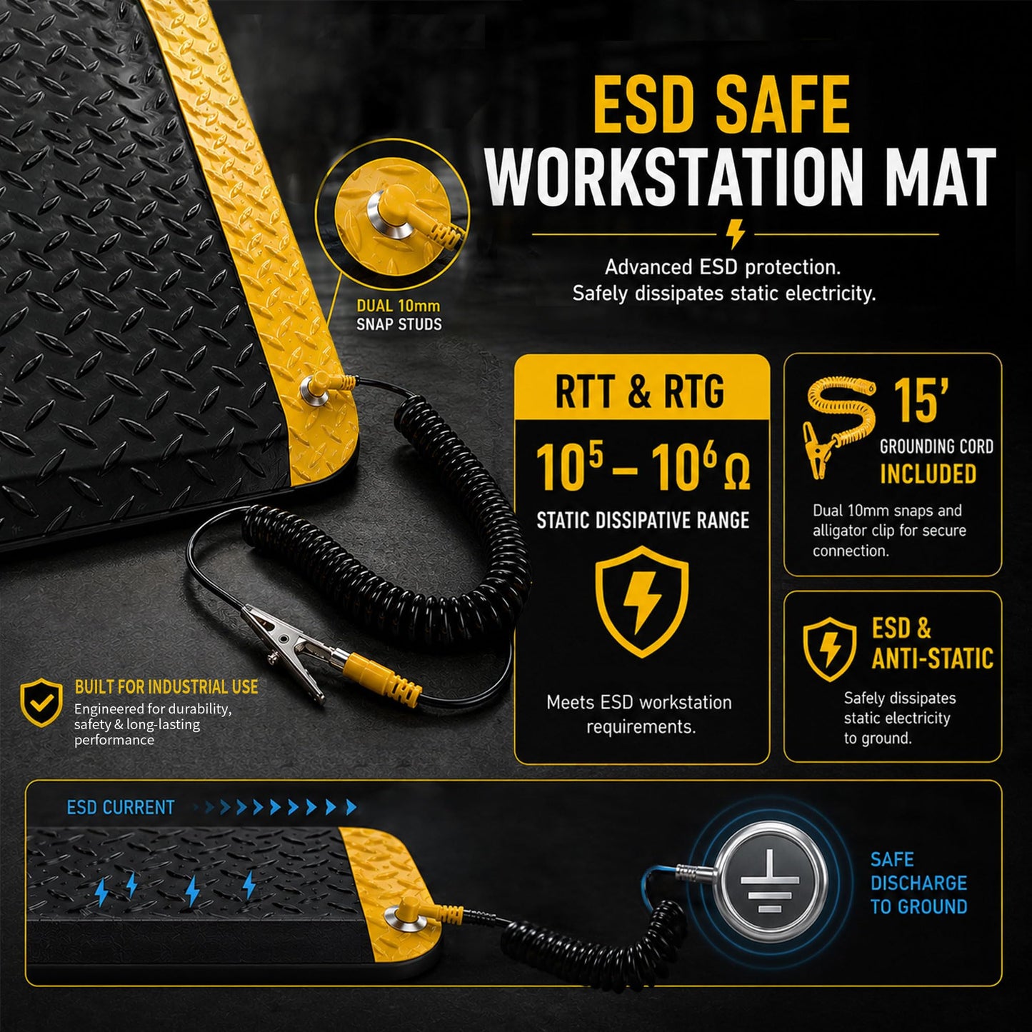 2' x 3' ESD Anti-Fatigue Conductive Mat, Durable Heavy Duty Diamond Plate, Non Slip Waterproof Floor Mats for Commercial&Industrial Work, Thick 3/4” with Yellow Border