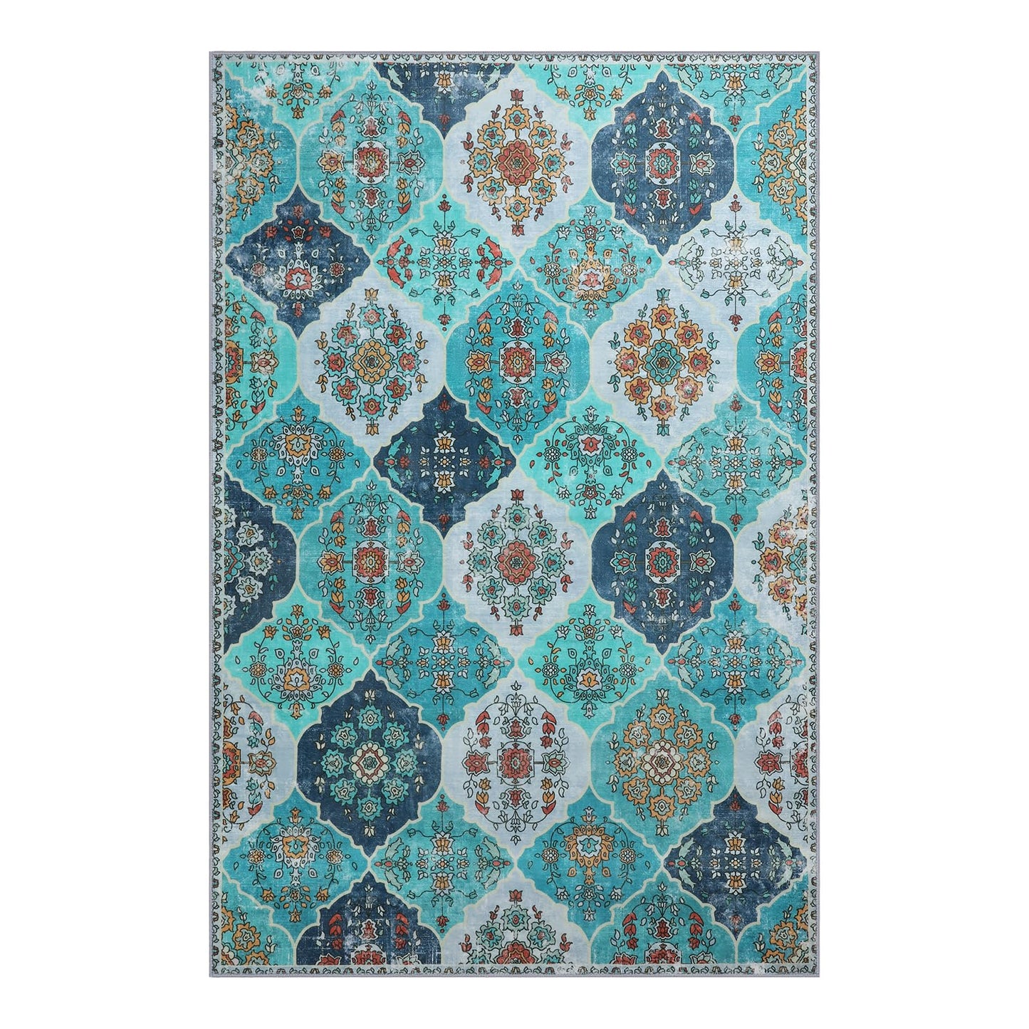 FLYRUGGO 5x7 Area Rugs, Washable Boho Rugs for Living Room, Moroccan Trellis Bohemian Ultra Soft Large Non-Slip Carpet for Dining Room Office Bedroom - Teal Blue