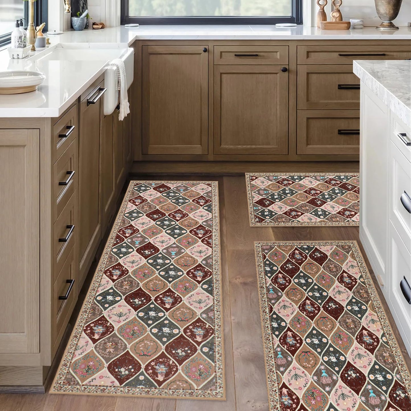 PCSWEET HOME Moroccan Trellis Kitchen Rugs Sets of 3 Non Slip Kitchen Rugs and Mats Washable Indoor Door Mat Floral Kitchen Floor Mat Carpet Runner Rugs for Hallway Laundry Room, Brown