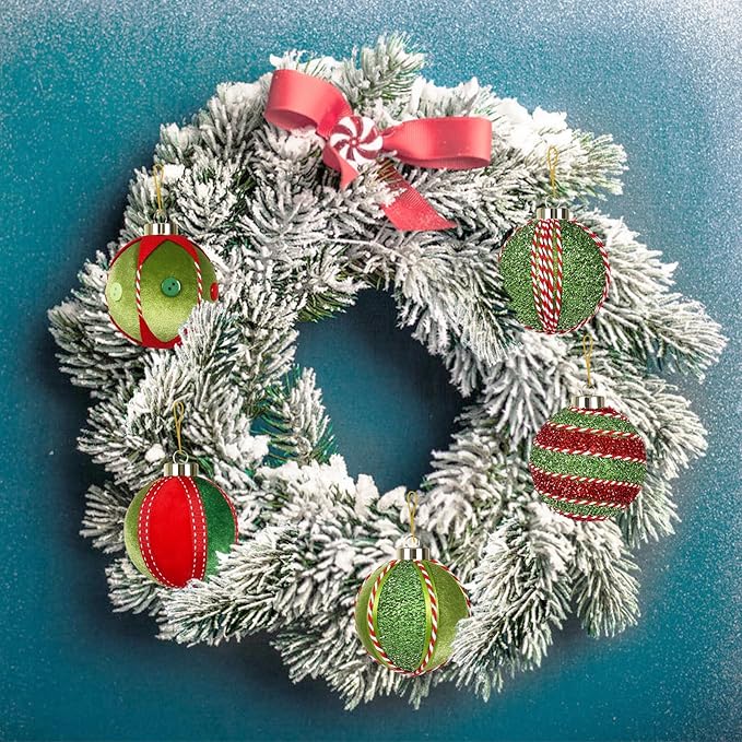 SY Super Bang Red Green Christmas Ball Ornaments, 15PCS Shatterproof Velvet Ornaments Set for Christmas Tree Hanging Decorations, for Holiday Party Xmas Decor - 80MM/3.14".