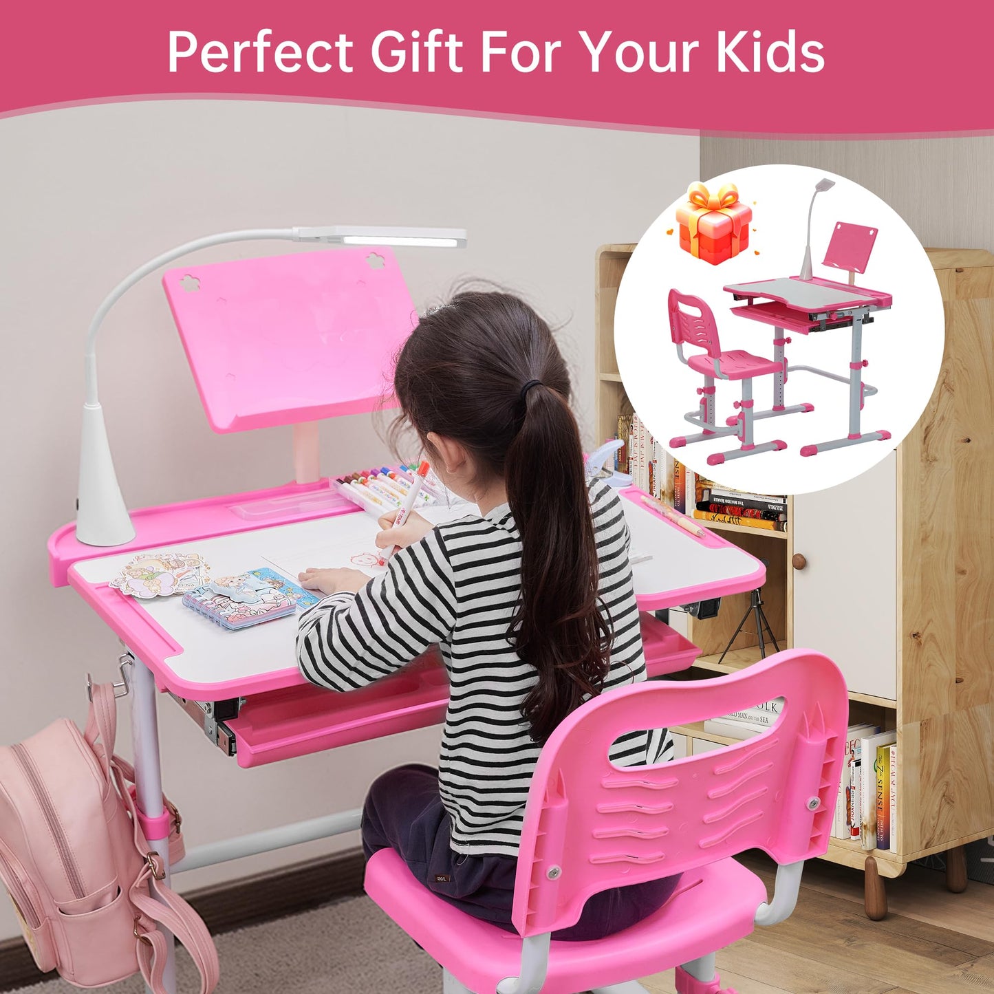 SMAGREHO Kids Desk and Chair Set, Height Adjustable Child's School Study Writing Tables with Tilt Desktop, LED Light, Storage Drawer, Book Stand (Pink)