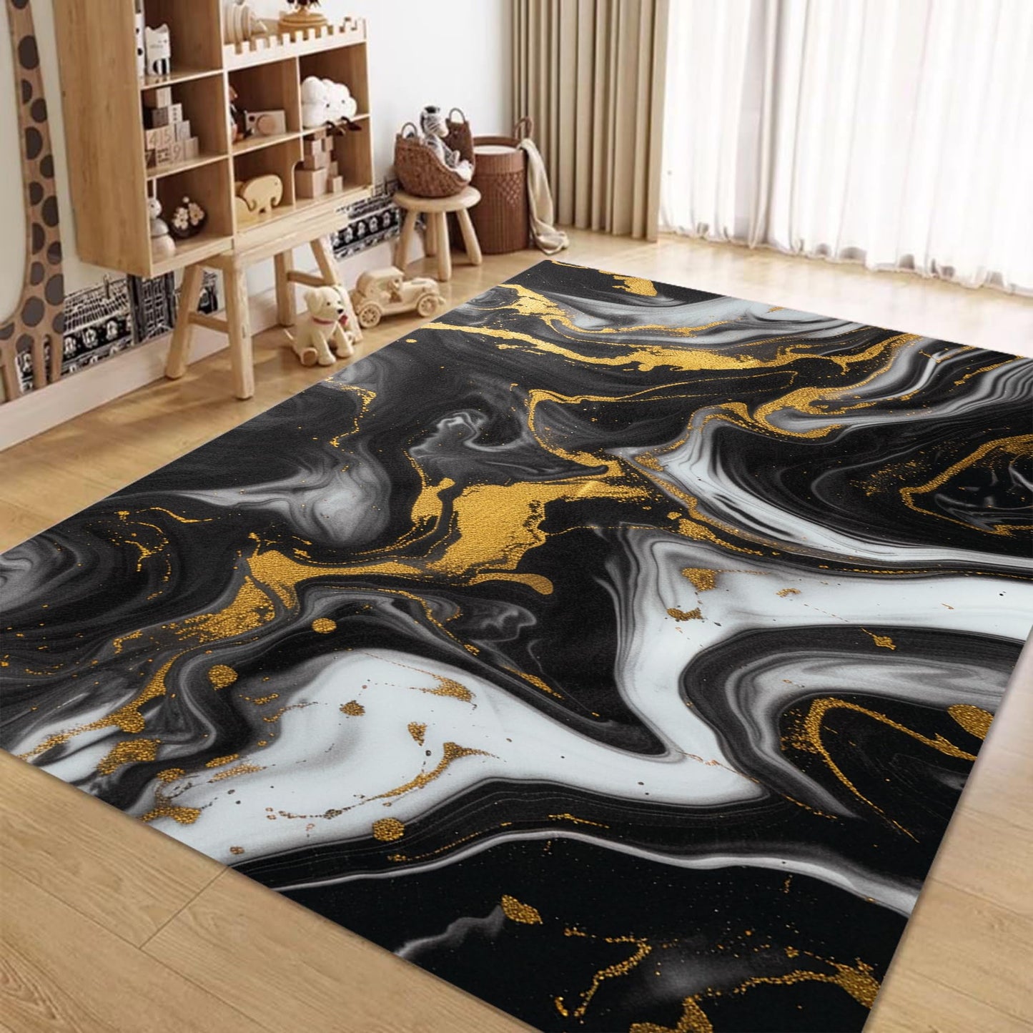 EDGZKO Black White and Gold Rugs: 5x8 Feet Abstract Marble Swirl Area Rug Washable Modern Carpet Floor Mat for Livingroom Bedroom Diningroom Kitchen Dorm Office Classroom Laundry