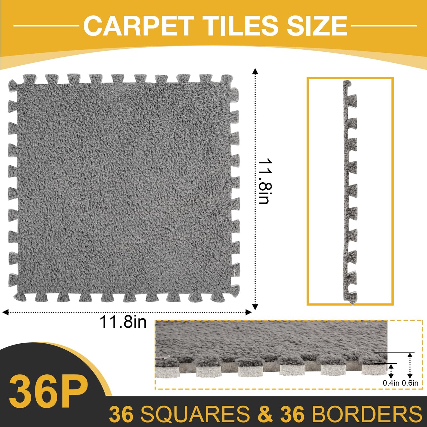 36 Pcs Plush Interlocking Carpet Tiles, Non-Toxic Shaggy Foam Carpet Tiles for Toddler Baby, Anti-Slip, EVA Foam Interlocking Tiles for Floor, Nursery, Playroom, Grey