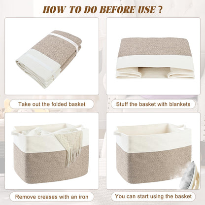 Degeyoyo Large Blanket Basket, 60L Storage Baskets for Organizing, Woven Laundry Basket for Blankets, Cotton rope Blanket Storage for Living Room, Nursery Room, 19.7" L x 15.74" W x 11.8" H, Brown