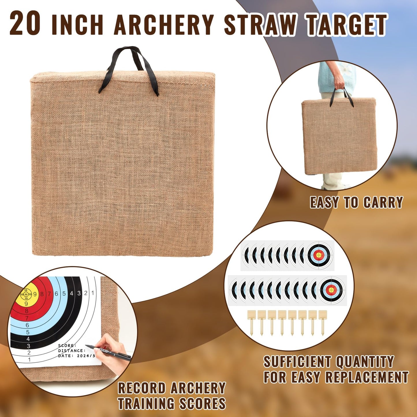 ShinyRelief 20 Inch Adult Backyard Straw Archery Target, for Recurve Compound or Longbow, 20 Pcs Paper Arrow Targets, Traditional Bow Arrow Target for Kids Youth Gift Archery Hunting Practice