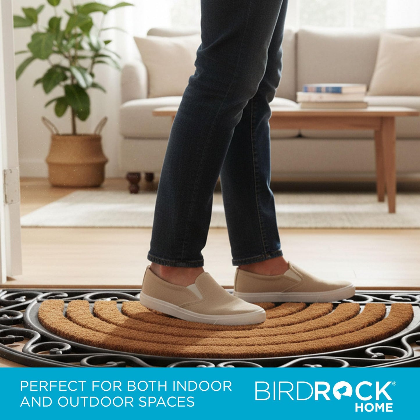 BIRDROCK HOME 18 x 30 Half Round Natural Coir and Rubber Doormat with Scroll Border | Natural Fibers | Outdoor Doormat | Keeps Your Floors Clean | Decorative Design | Brush Coir