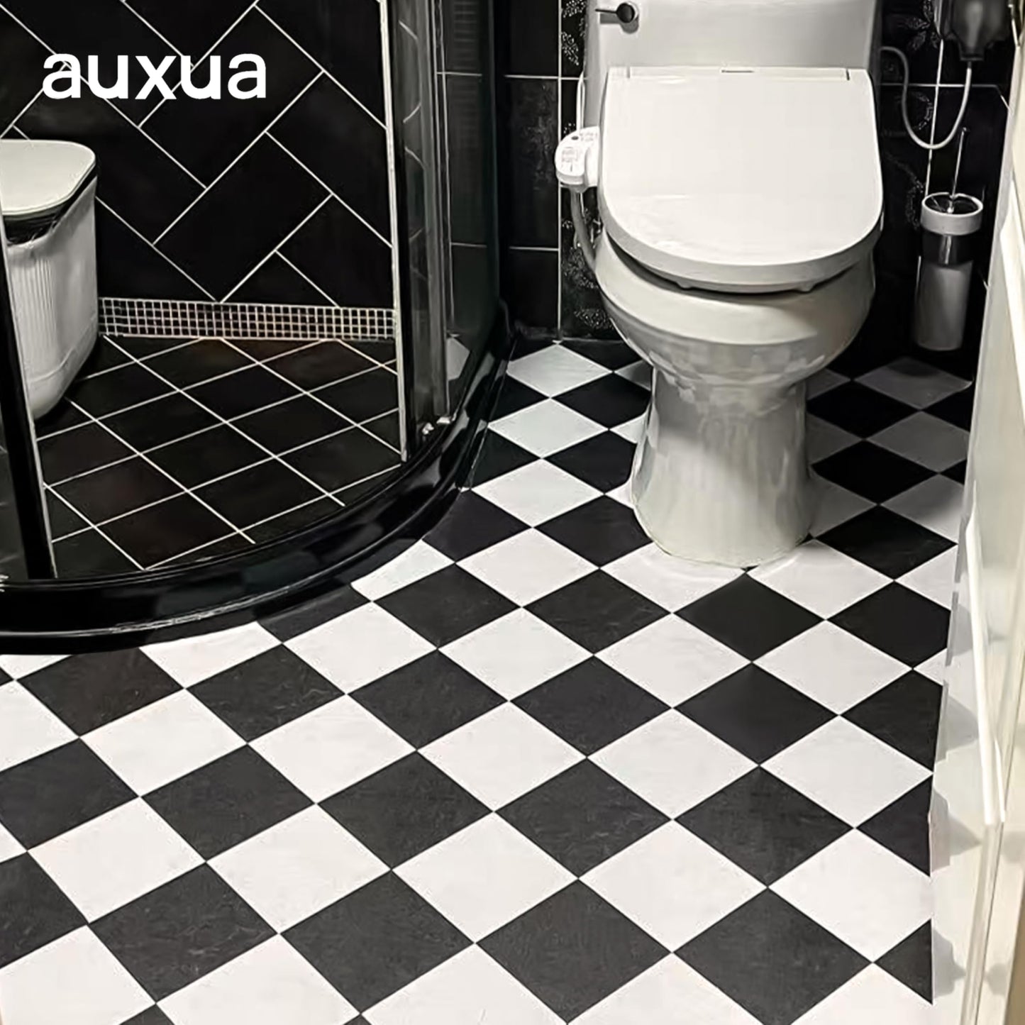 auxua Peel and Stick Floor Tile, Black Checked Pattern Continuous Vinyl Roll Flooring – 15.7'' x 19.68 ft Roll Covers 25.83 sq. ft, Effortless Alignment, Seamless Look Design for Bathroom, Kitchen