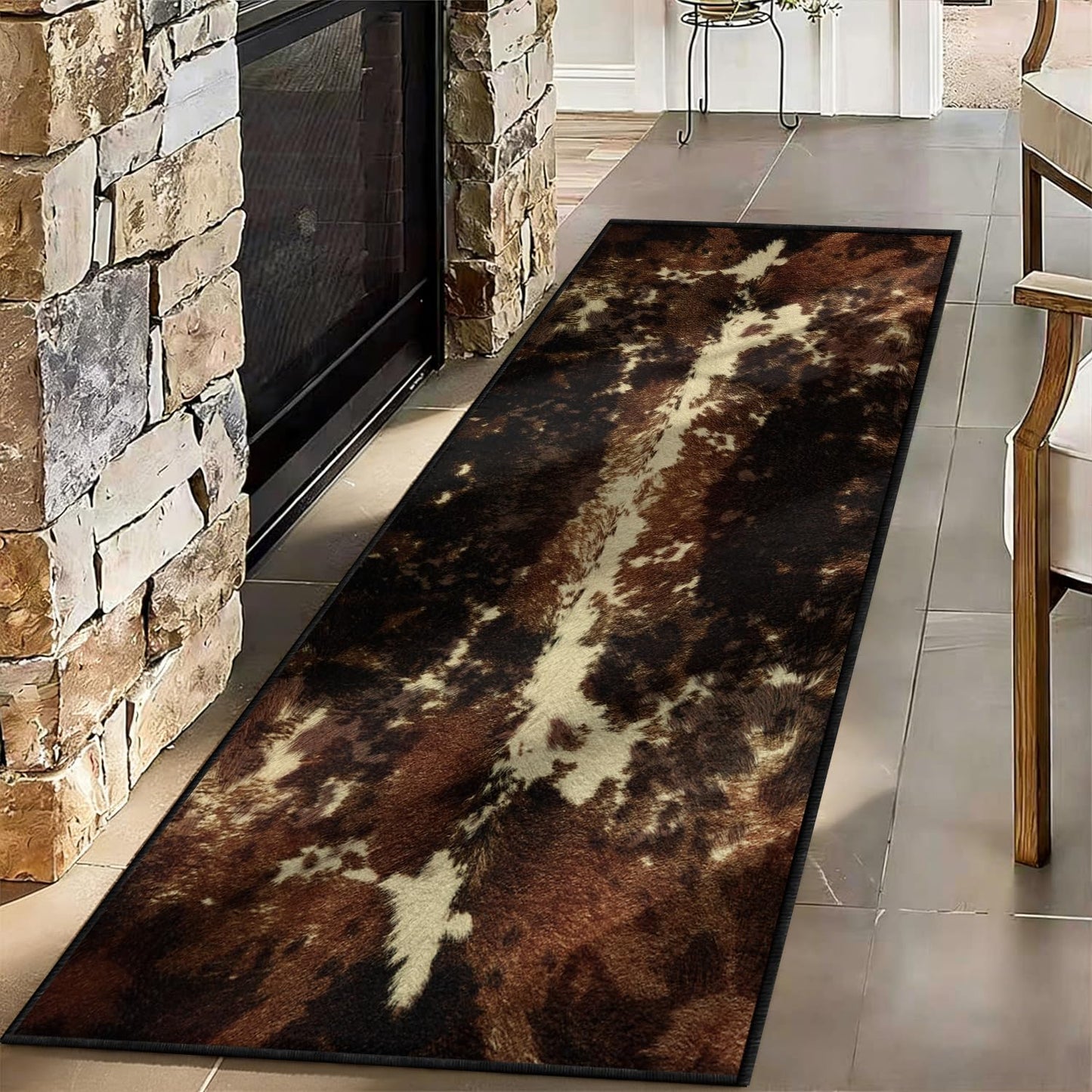 Bycmuoz Cowhide Runner Rug, 2x6ft, Western Faux Animal Hide Entryway Rug for Hallway Entryway, Non Slip Rustic Farmhouse Kitchen Runner, Washable Absorbent Carpet Brown