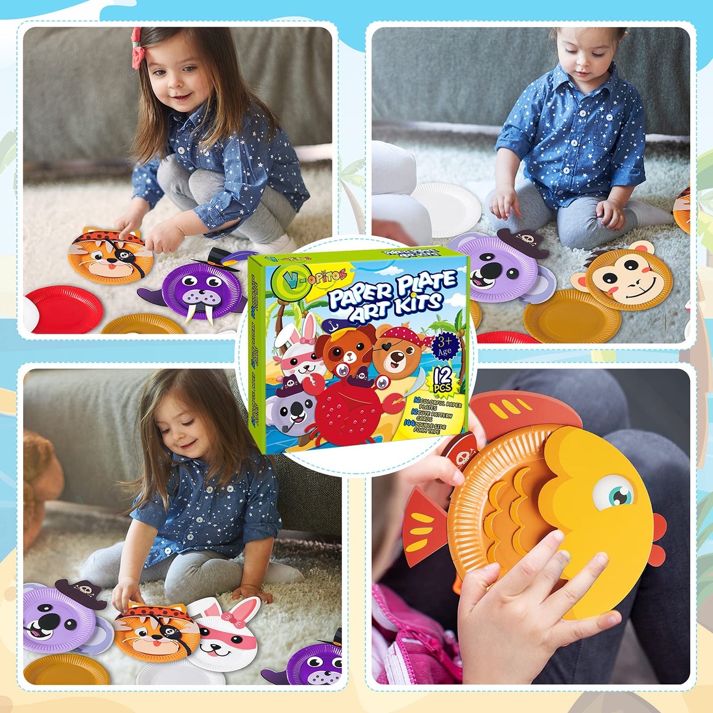 V-Opitos Arts and Crafts Kits for Kids, 12 Pack Paper Plate Crafts, Simple Animal Crafts for Toddler Age of 3, 4, 5 Years Old, Fun Preschool Classroom Activity Project for Boy & Girl