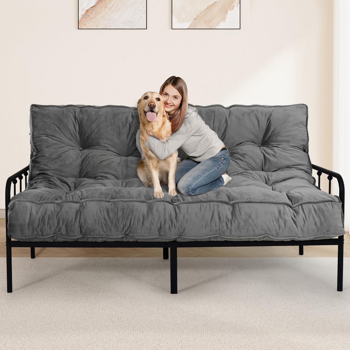 8" Futon Mattress Full Size 54" x 80", Thick Futon Sofa Couch Bed for Adults, Velvet Floor Futon Mattress Shredded Foam Filling, Tatami Sleeping Mat for Camping, Dorm, Dark Gray(Frame Not Included)