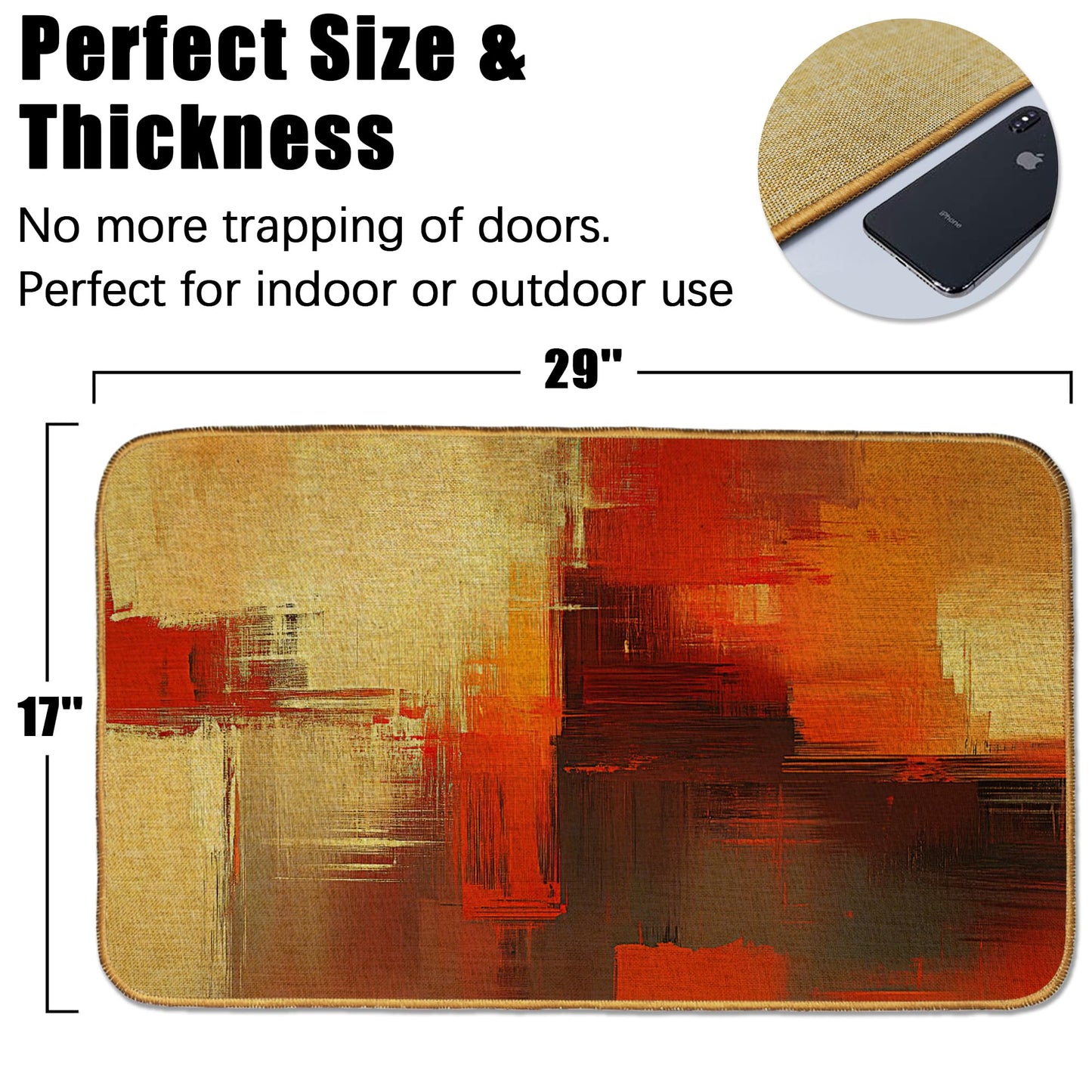 Abstract Art Door Mat 17"x29",Golden Orange Gray Doormat Indoor Entrance,Non Slip Rubber Front Door Mats Washable Absorbent Inside Outside Low-Profile Home Entryway Rug Outdoor