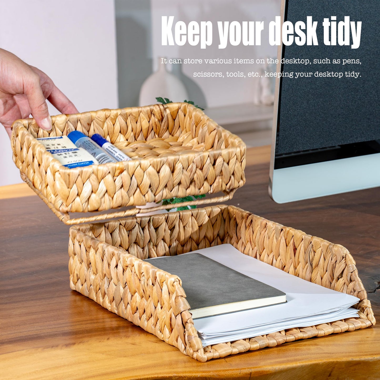 PINXIURY Woven Water Hyacinth Paper Organizer for Desk – Set of 2 Letter Trays – Tabletop Folder & Document Storage Trays – Desktop File Organizer for Home & Office