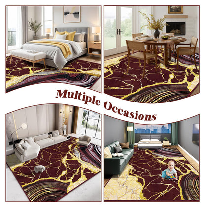 ASPMIZ Marble 9x12 Area Rug Red and Gold Washable Rugs for Living Room, Soft Faux Wool Bedroom Rugs Non Slip Modern Floor Carpet Low Profile Extra Large Throw Rug for Dining Room Home Office Decor