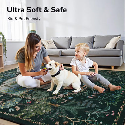 Vasofe 3x5 Bedroom Rug,Washable Rugs for Entryway, Living Room, Indoor Floor Mat, Modern Animal Peacock Floral Mats for Nursery, Farmhouse, Laundry Room, Non Slip Low Pile Soft Carpet, Black Green