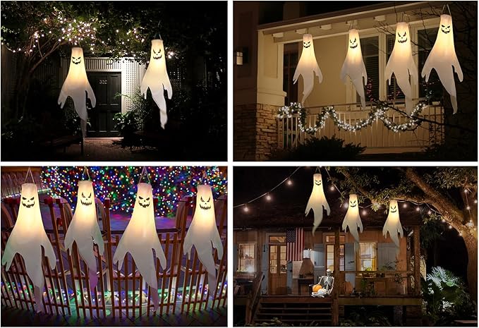 Halloween-Decorations-Outdoor Hanging-Ghost Windsocks for Trees with Timer, LED Ghosts to Hang in Tree Porch Yard, Waterproof, Timer, 4 Pcs (No Batteries)